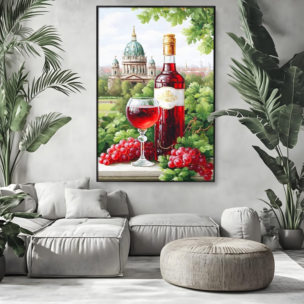 Tablou canvas cu pictura cu sticla de vin si cupola, in rama de aluminiu negru, pe perete intr-un living